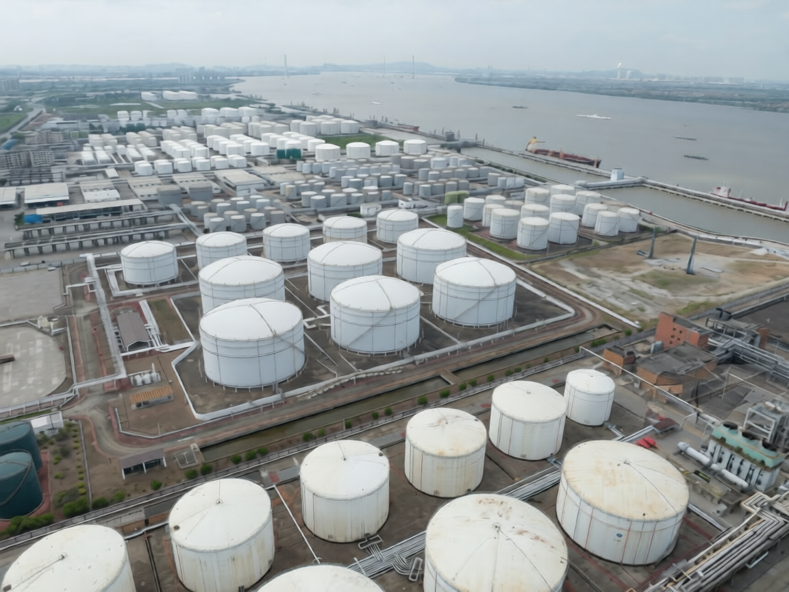 Aerial view of petroleum storage tanks